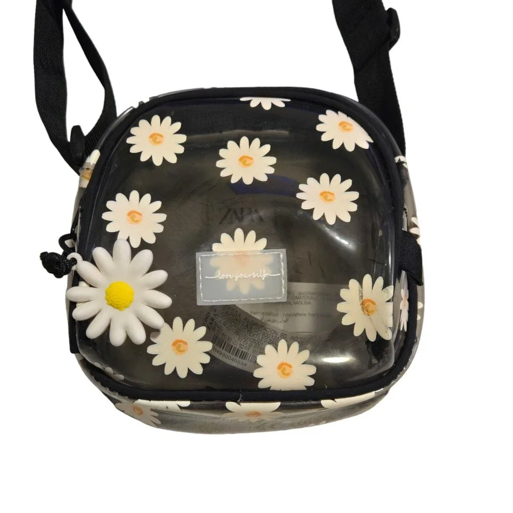Zara Clear Smokey Boho Daisy Print Dark Romance See Thru Crossbody Bag Purse‎